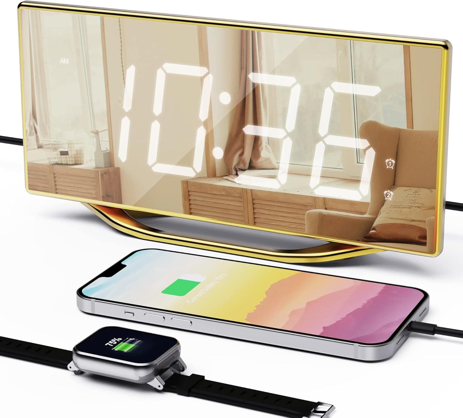 OnLyee Digital Dual Alarm Clock with USB Charger for Bedroom,8.7" Large LED Mirror Display Bedside Clock with Battery Backup,Loud Alarm Clock for Heavy Sleepers,Dimming Mode,12/24H,Snooze(Gold)