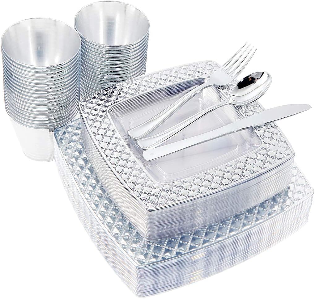 NERVURE 150PCS Clear with Silver Sqaure Plastic Plates & Silverware Set：25 Dinner Plates 10.25", 25 Dessert Plates 7.5", 25 Cups 9 Oz, 25 Forks, 25 Knives, 25 Spoons.