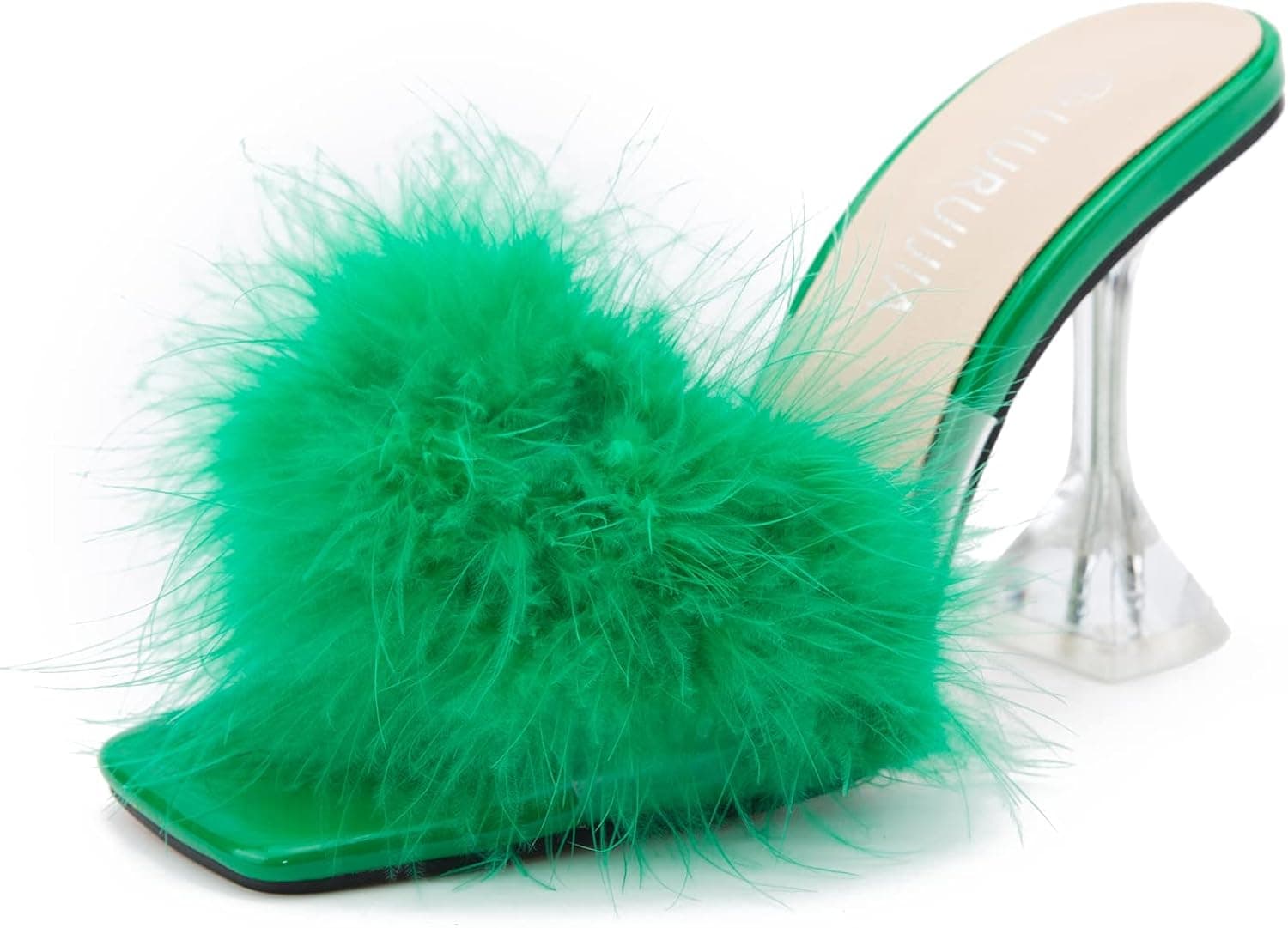 LIURUIJIA Women's Square Toe High Heel Mule Sandals Fuzzy Heels heels Wedding bridal Party Dress Shoes Photo Like To Take Pictures