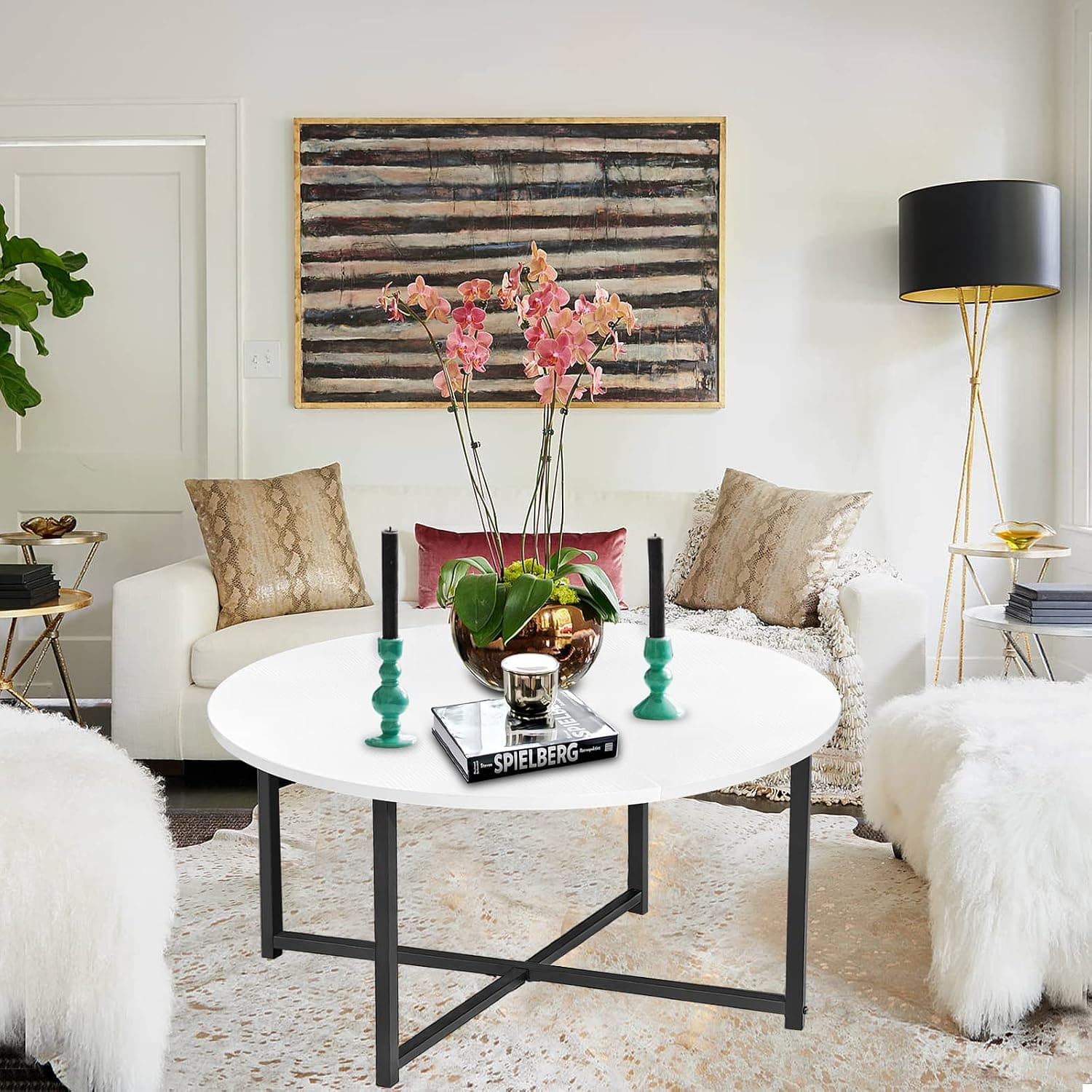 White Round Coffee Table Small Modren Circle Center Table for Living Room Small Spaces, 31 Inch Wood Accent Coffe Tables, Mesa De Centro