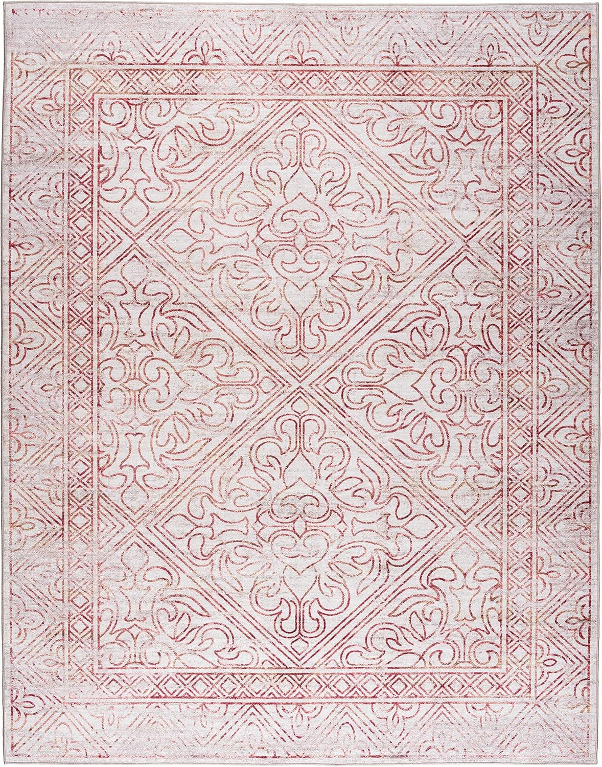 ReaLife Machine Washable Rug - Stain Resistant - Eco-Friendly, Non-Slip, Family & Pet Friendly - Made from Premium Recycled Fibers - Cora Distressed Vintage Border - Beige Clay, 7'6" x 9'6"
