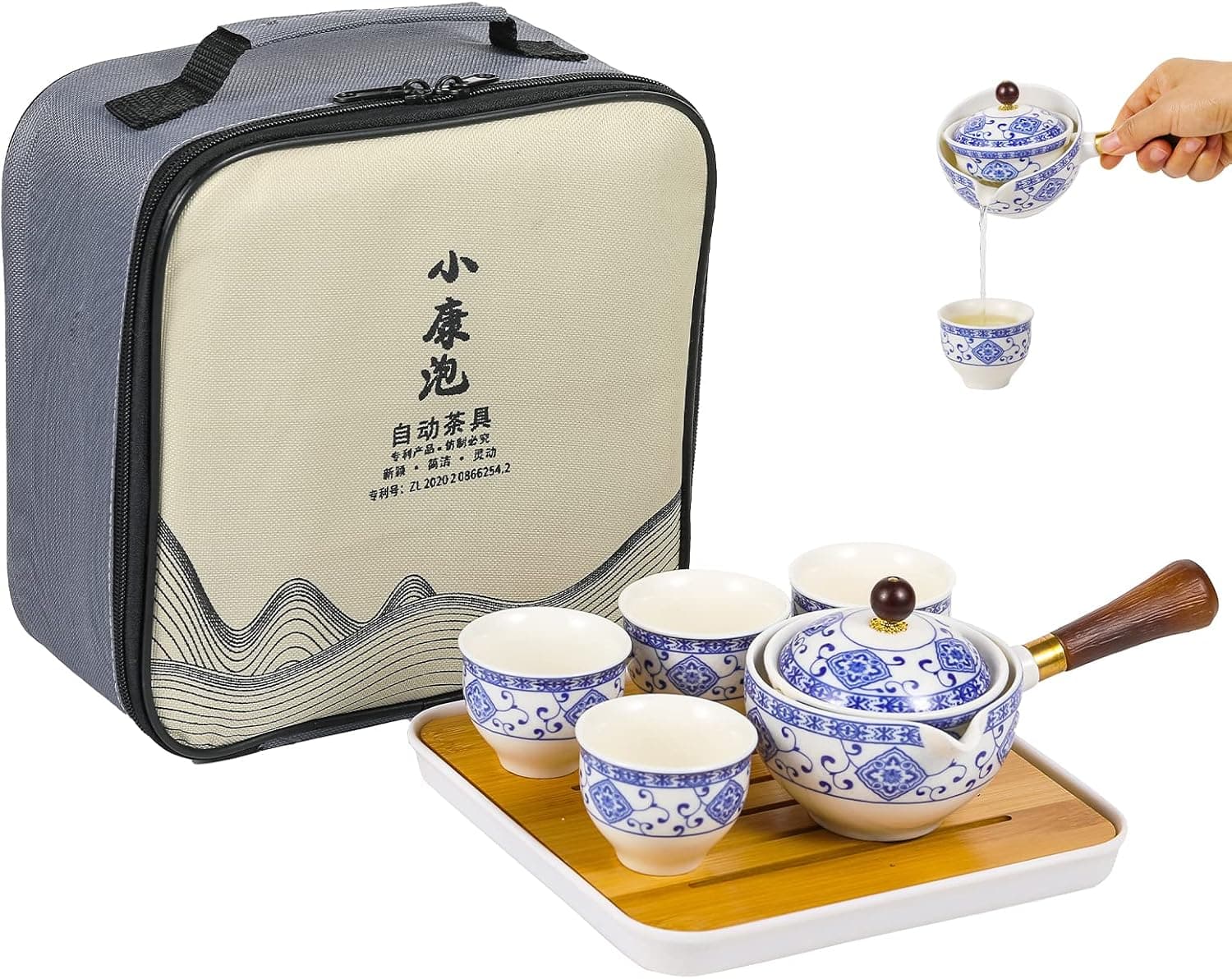 Ceramic Kungfu Tea Set Handmade Ceramic Teapot Set with 4 Tea Cups, Teapot,Tea Strainer, Bamboo Tea Tray And Travel Bag for Travel, Home,Outdoor and Office