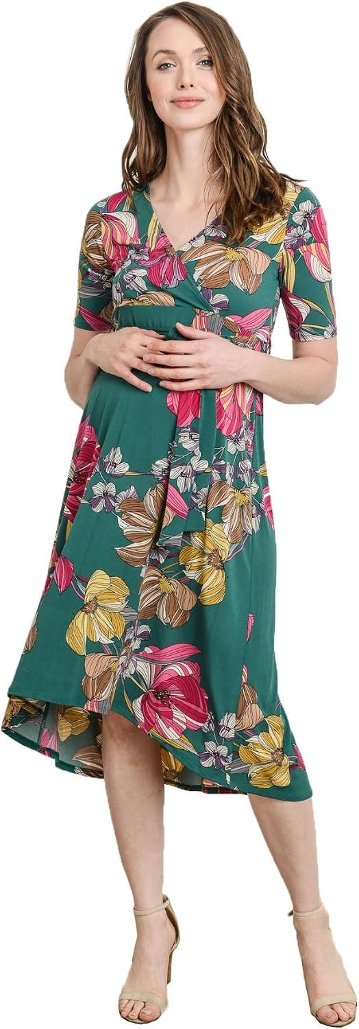 Women's Maternity Wrap Dress Midi Length with Waist Belt (X-Large, Green Flower)