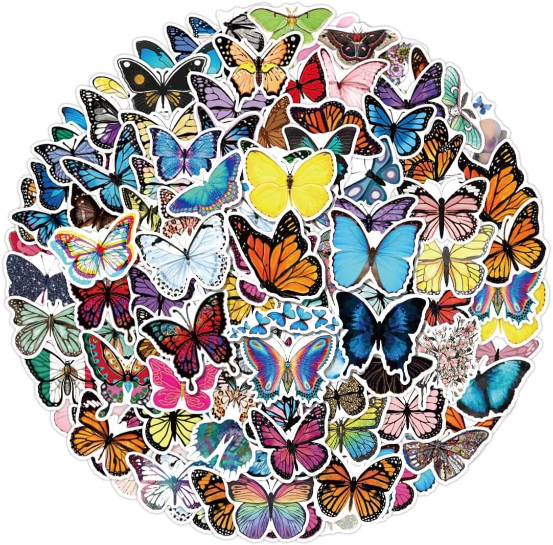 100 PCS Butterfly Stickers for Kids，Vinyl Stickers for Laptop Water Bottles Luggage Computer Skateboard Guitar