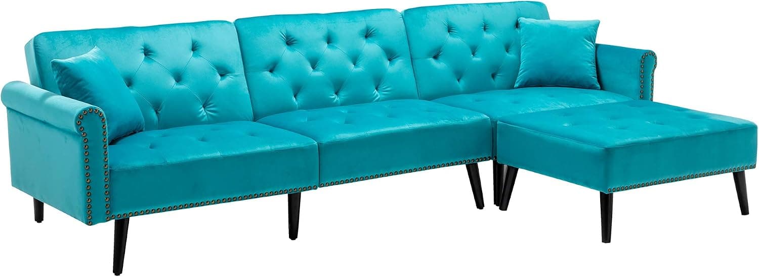 HOMEFUN Sectional Sleeper Sofa Bed, Convertible Sectional Sofa Couch with Reversible Chaise for Living Room Small Rooms, Light Blue