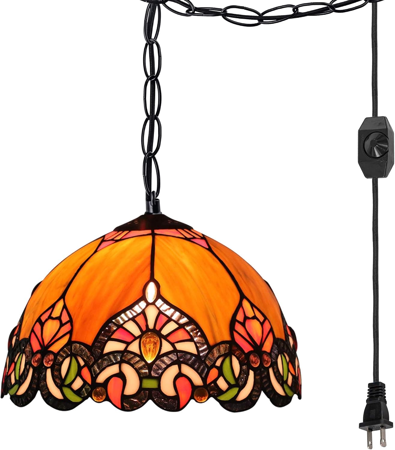 STGLIGHTING Tiffany Baroque Style Glass Lampshade Ceiling Lamp Colorful Chandelier with 15ft Plug-in UL Dimmer Switch Cord Pendant Lighting Hanging Swag Lamp for Background Wall Bulbs Not Included