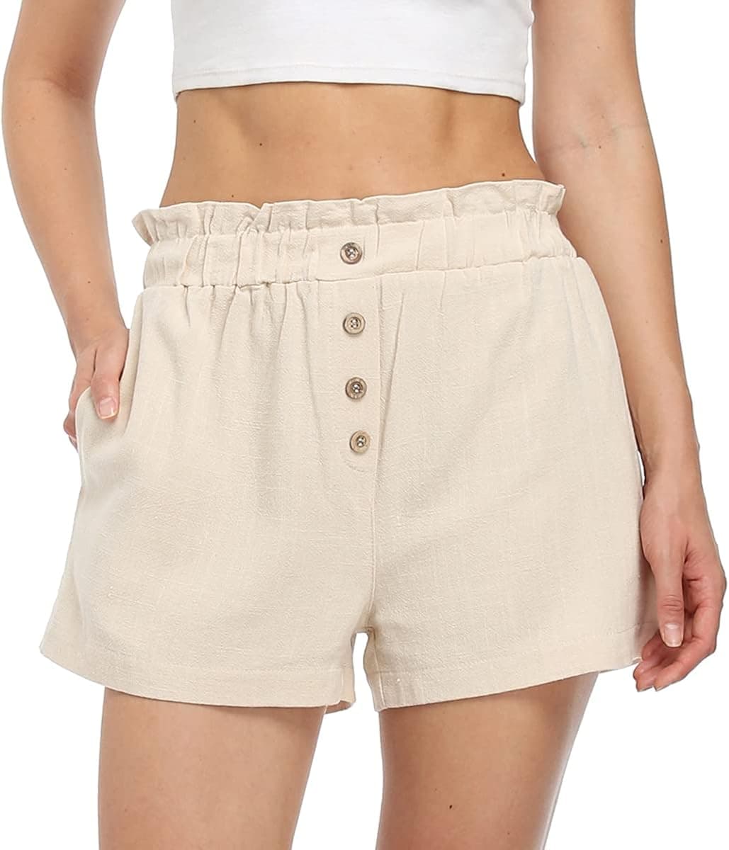 WUDODO Women's Linen Shorts Elastic High Waist Buttons Casual Shorts w Pockets