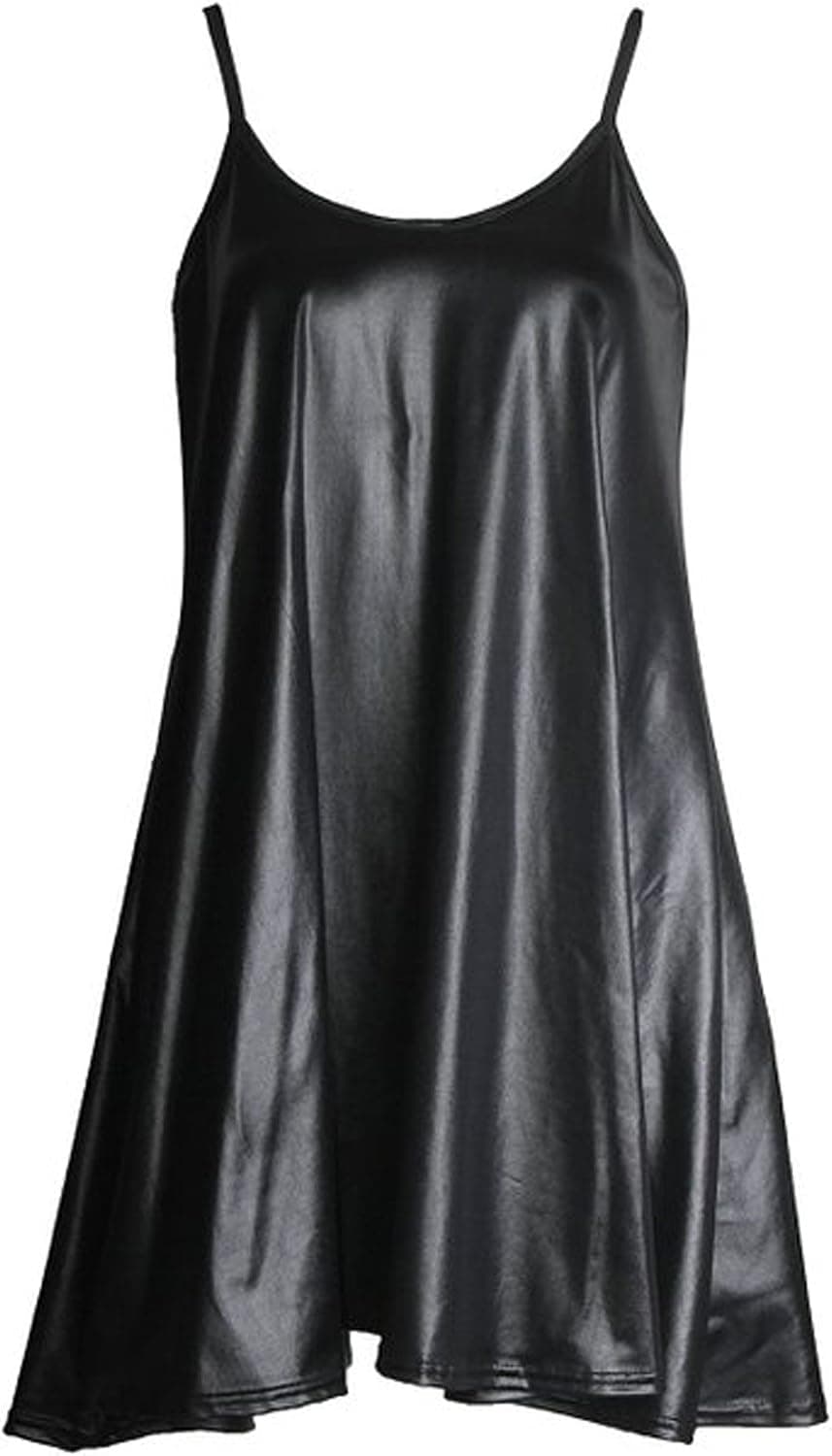 FashionMark Womens Wet Look PVC Flared Swing Cami Dress