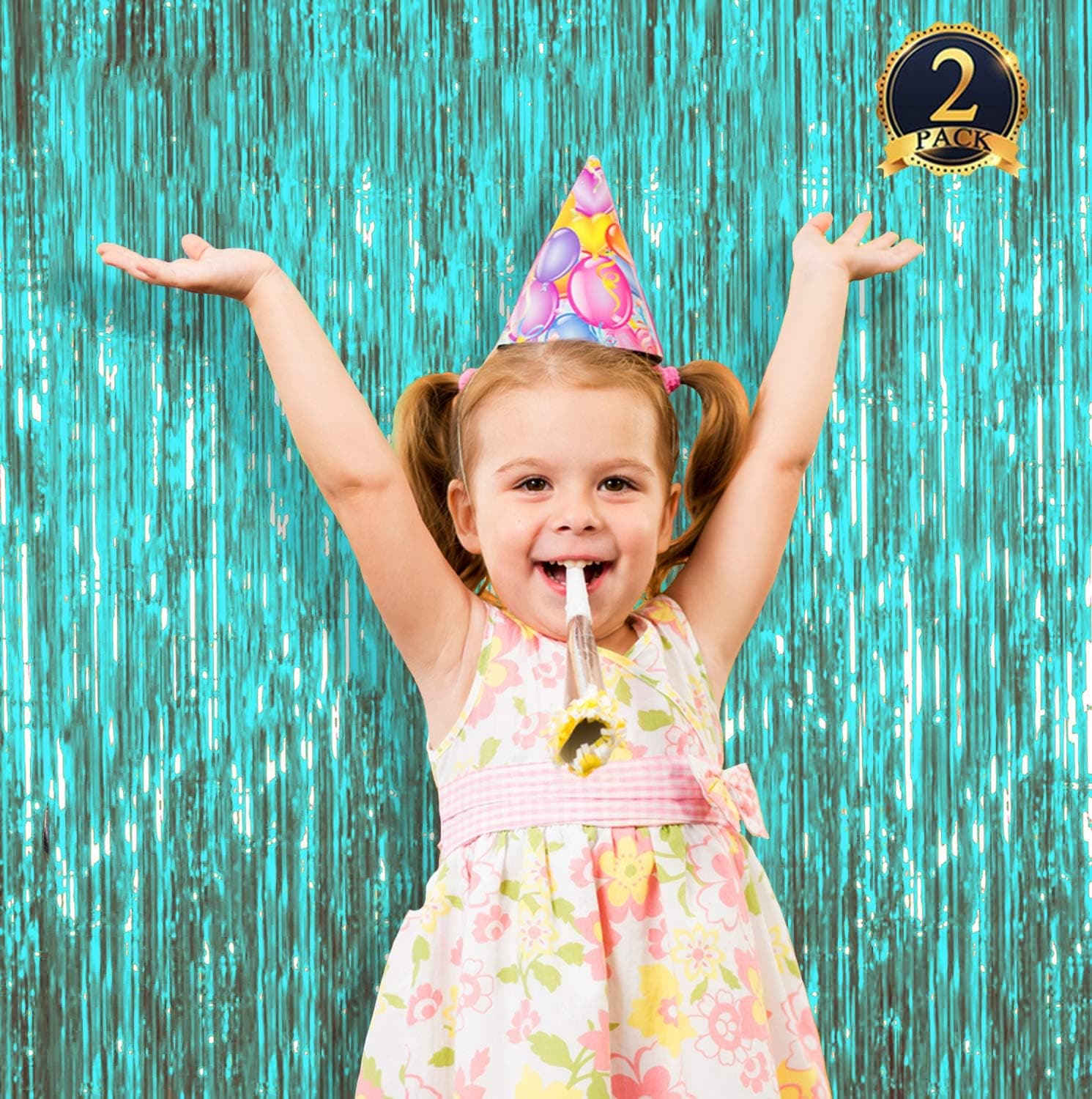 2 Pack Turquoise Foil Fringe Curtain Photo Booth Backdrop Shiny Metallic Tinsel Door Curtains Props Perfect for Birthday,Weddings,Baby Shower Party Stage Decorations,Bachelorette Parties 3.3ft x 6.5ft