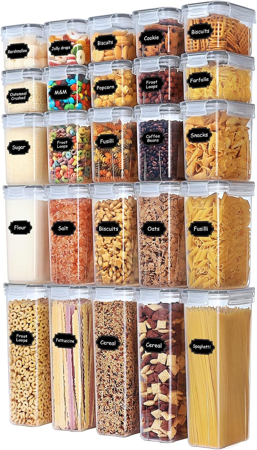 25PCS Airtight Food Storage Containers with Lids for Pantry, BPA Free Plastic Clear Cereal Containers Storage Set, Pantry Storage Containers for Dry Food, Flour and Sugar, 40 Labels & Marker (Gray)