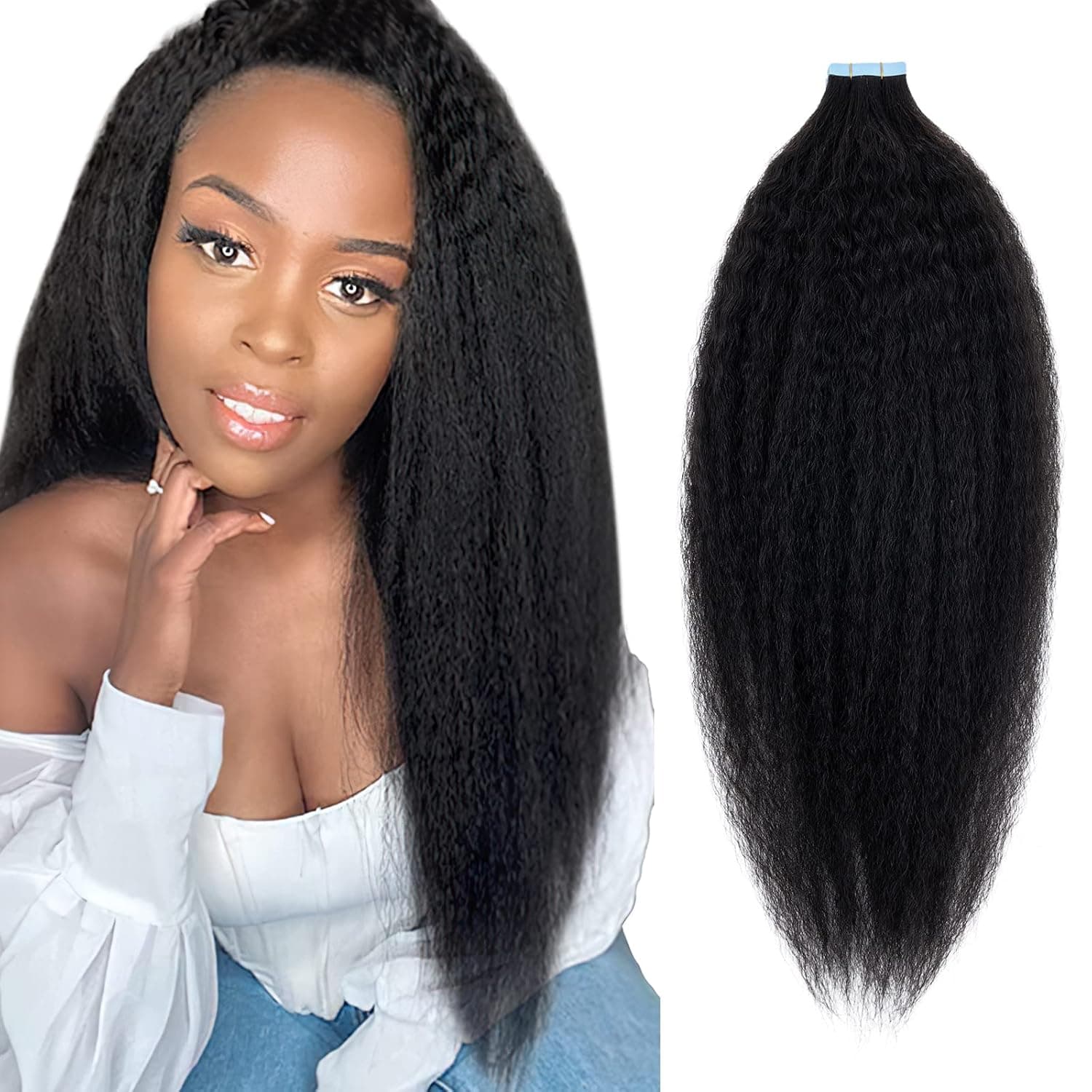 Tape in Hair Extensions for Black Women,100% Remy Hair Invisible Tape-ins Extensions Kinky Straight,Double Sided Wefts Jet Black 20 Pieces 40g/Pack,18 Inch