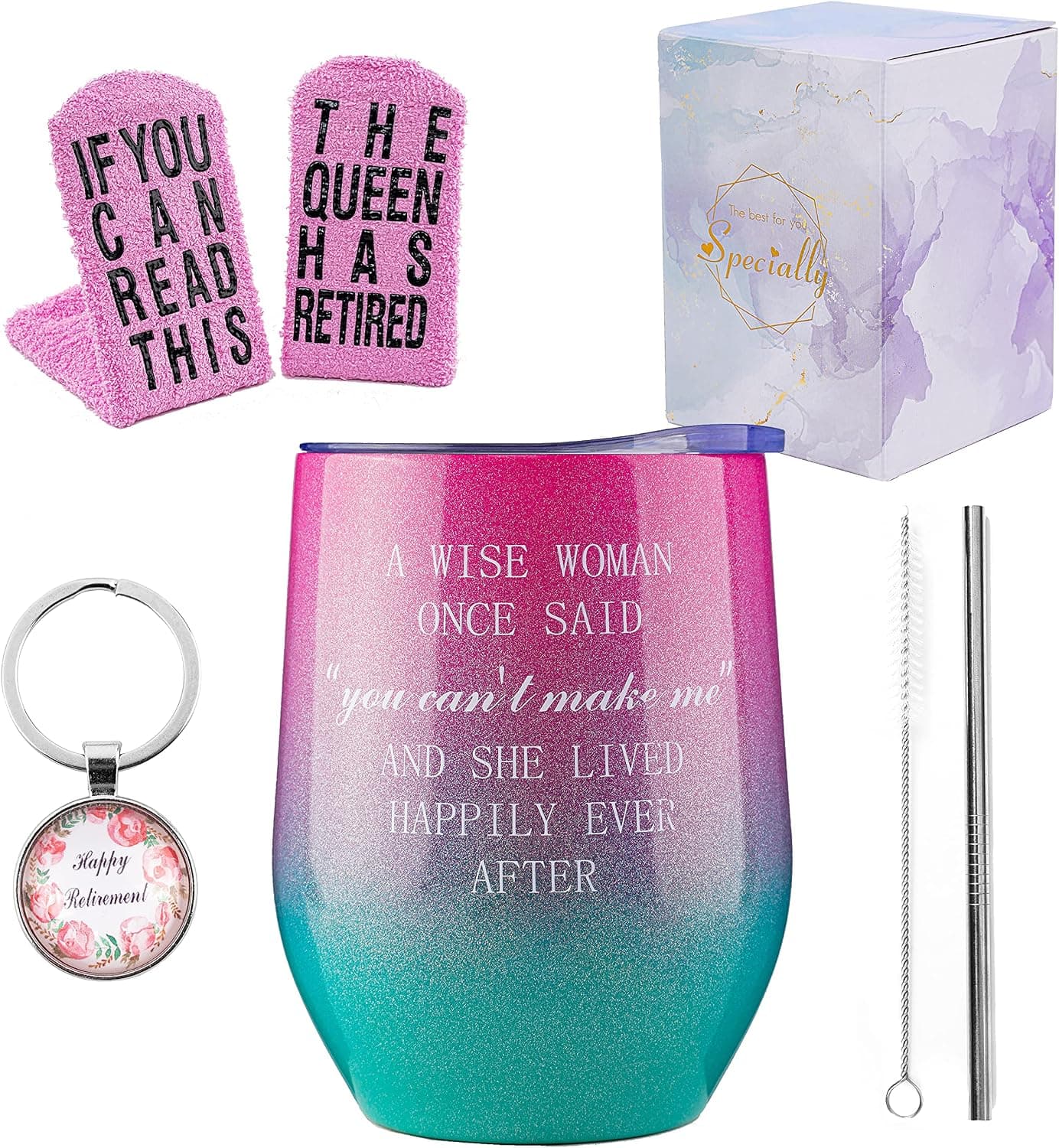 Retirement Gifts for Women，Wine Tumbler With Sayings for Women,Funny Wine Gift Basket for Coworkers Mom Boss Sister Wife Best Friens (Purple green)