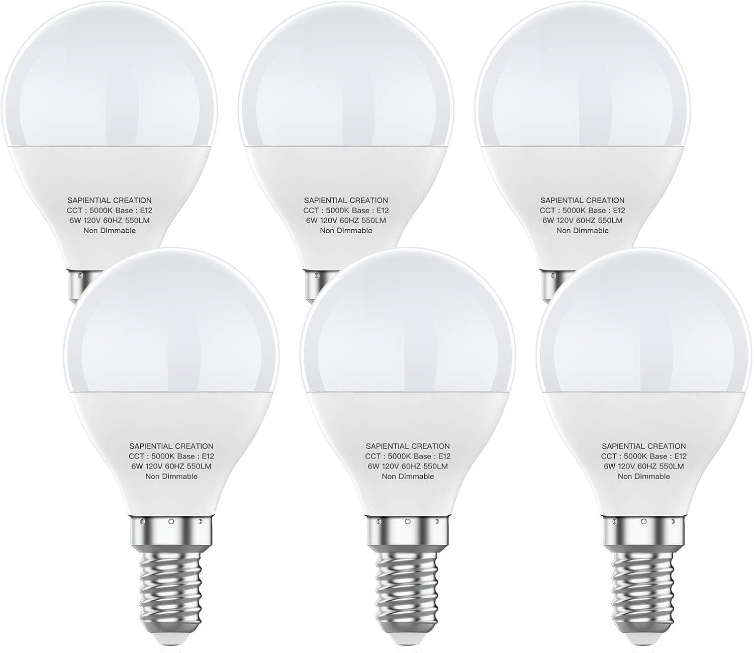 Sapiential Creation E12 LED Ceiling Fan Candelabra Candle Small Light Bulbs 60 Watt Equivalent,5000K LED Chandelier Light Bulbs Small Base,Small LED Type b Light Bulbs 120V,Pack of 6,Non-Dimmable