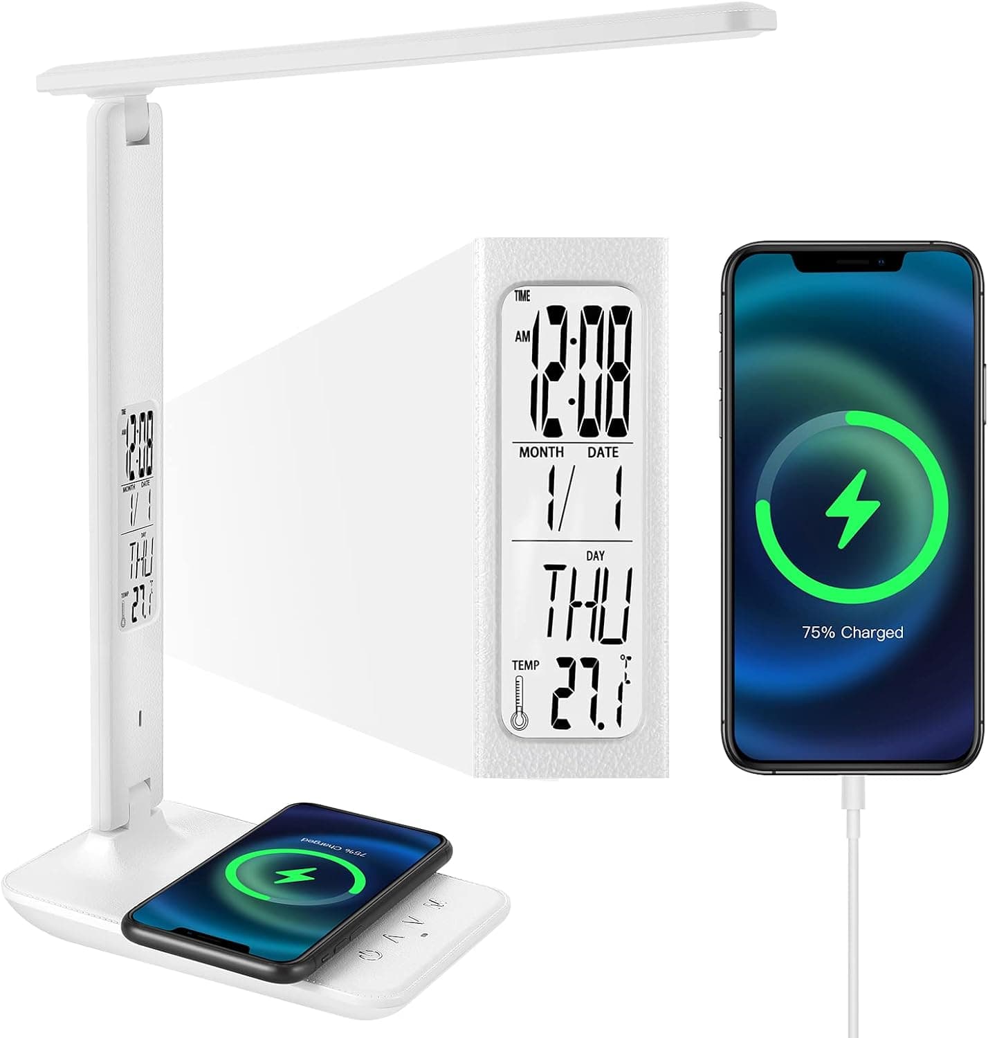 Yeslights Desk Lamp, LED Desk Lamp with Wireless Charger, Desk Lamps for Home Office, USB Charging Port, Desk Light with Clock, Alarm, Date, Temperature-White