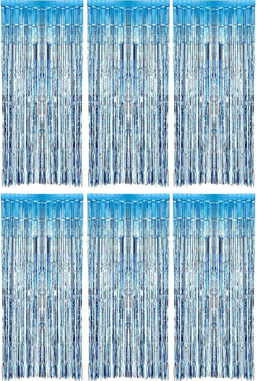 Sumind 6 Pack Foil Curtains Backdrop Fringe Tinsel Metallic Curtains Photo Backdrop for Wedding Birthday Party Stage Decor (Light Blue)