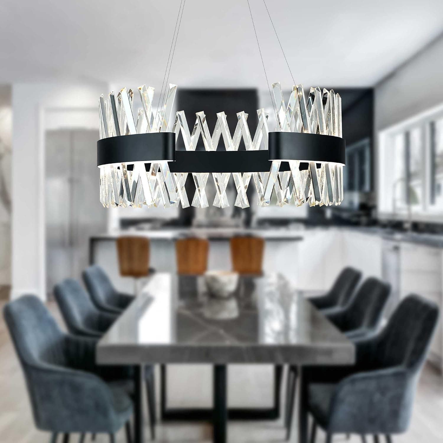 IKK Black Chandeliers for Dining Rooms, 20" Polished Black Crystal Chandelier, Modern Round Chandelier with Stainless Steel, Chandelier Light Fixture for Living Room, Foyer, 3000K (Warm White)