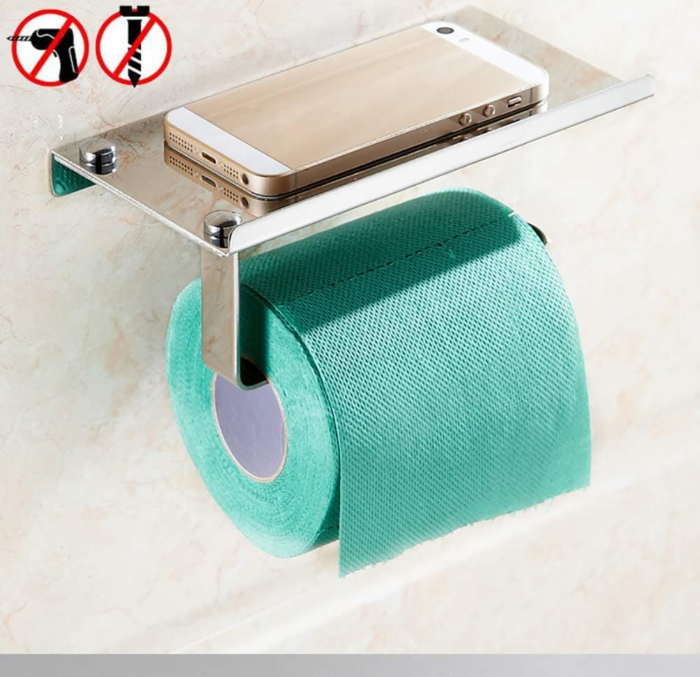 innotree Toilet Paper Holder with Phone Storage Shelf, No-Drilling 304 Stainless Steel Tissue Holder Rack for Bathroom Restroom Wall Mounted