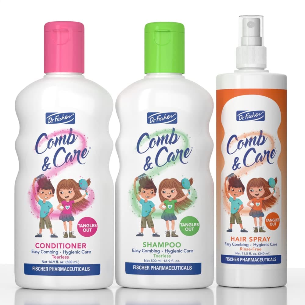Dr. Fischer Comb & Care Kids Shampoo, Conditioner, Hair Spray Set - Tearless, Tangle-Free Kids Shampoo and Conditioner - Toddler Shampoo and Conditioner, Kids Hair Detangler Spray - Hair Care for Kids
