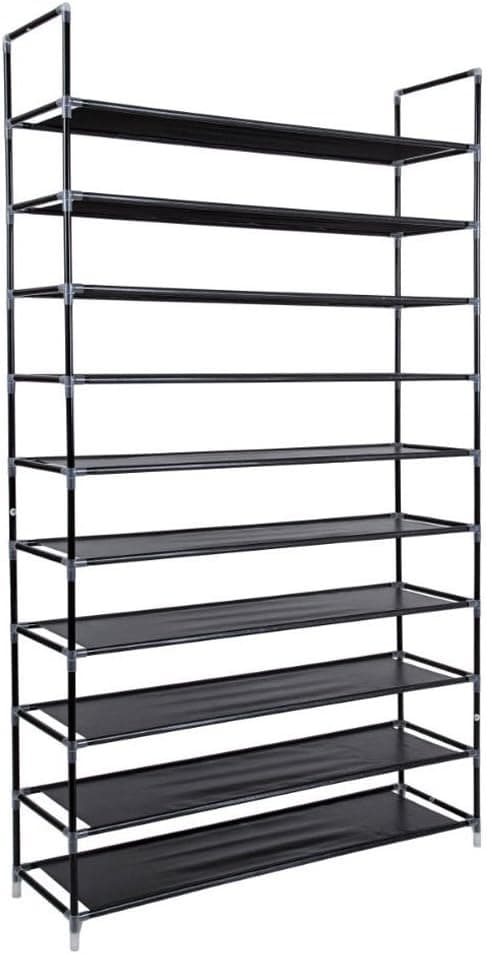 KAAYEE 10 Tiers Shoe Rack Storage Organizer Shelves 50 Pairs Stackable Shoes Racks (39.37 x 11 x 70.87) Non-Woven Fabrics & Steel with Handle (Black)