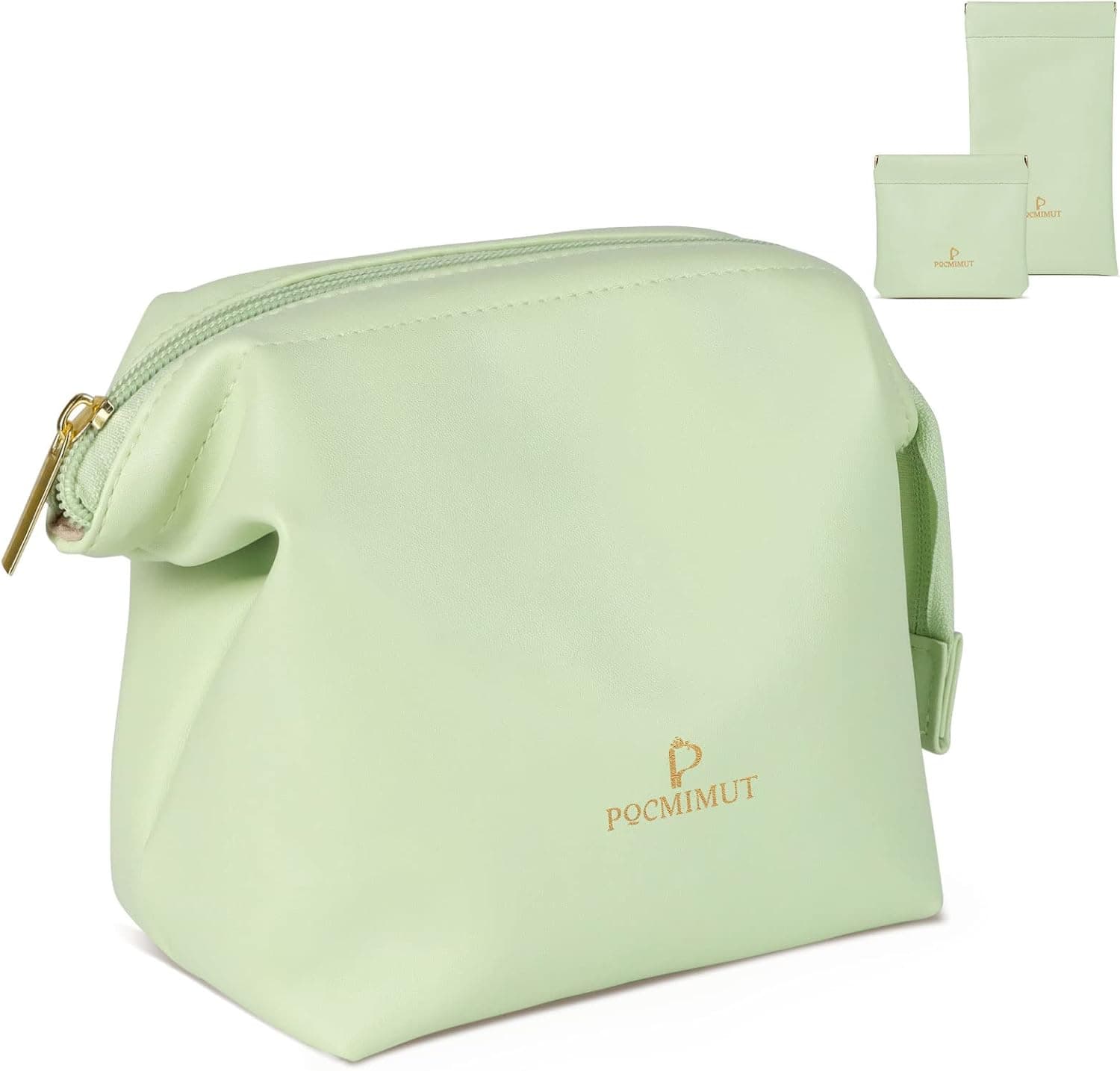 Pocmimut Leather Makeup Bag,Small Makeup Bag Travel Cosmetic Bag,Portable Make Up Pouch Organizer for Women and Girls（Green）