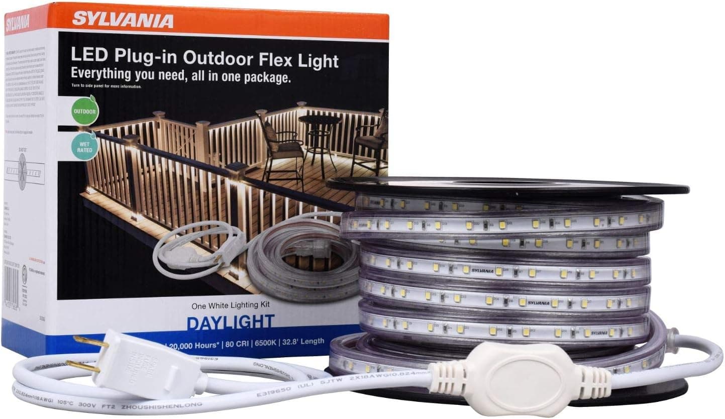 SYLVANIA LED Plug-In 32.8' Outdoor Flex Light Strip Complete Lighting Kit, 6500K Daylight Color Temperature - 1 Pack (75626)