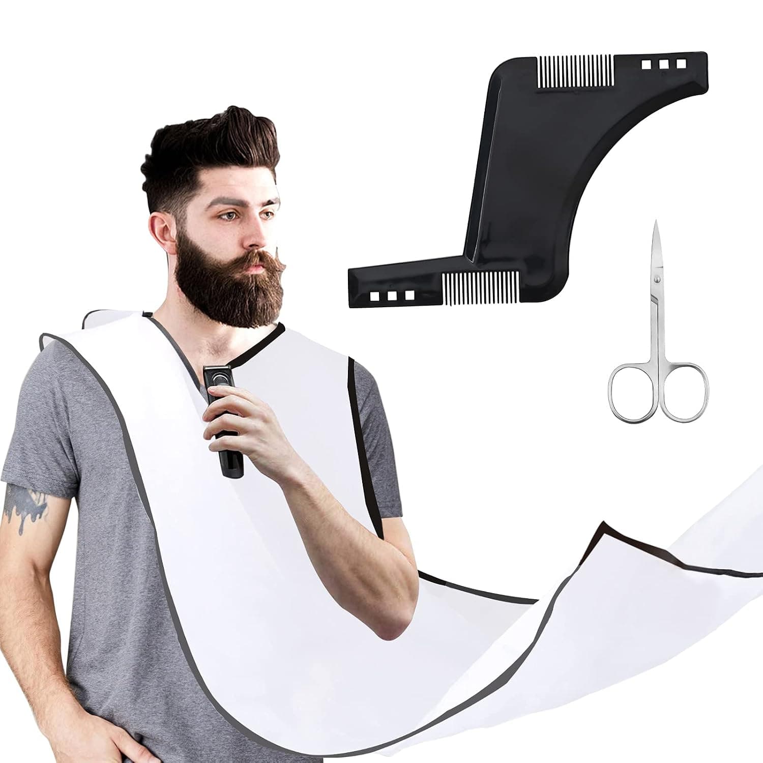 Beard Bib Beard Apron, Waterproof Shaving Apron Beard Beard Hair Catcher Non-Stick Beard Cape Grooming Cloth for Husband Dad Shaving Trimming Grooming with 2 Suction Cups Hair Comb and Scissors