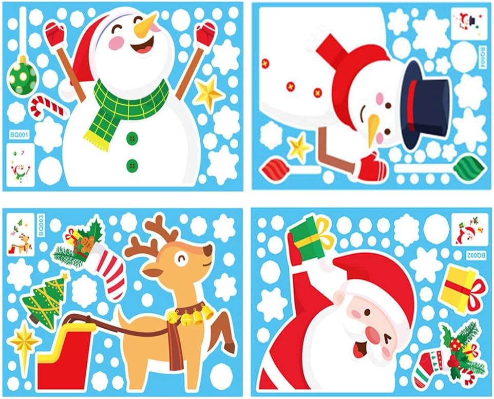8 Sheets Window Stickers Christmas Ornament Reindeer Snowman Santa Claus Snowflakes Decals Christmas Decorations Christmas Party Favor 11.5 x 7.5 Inches