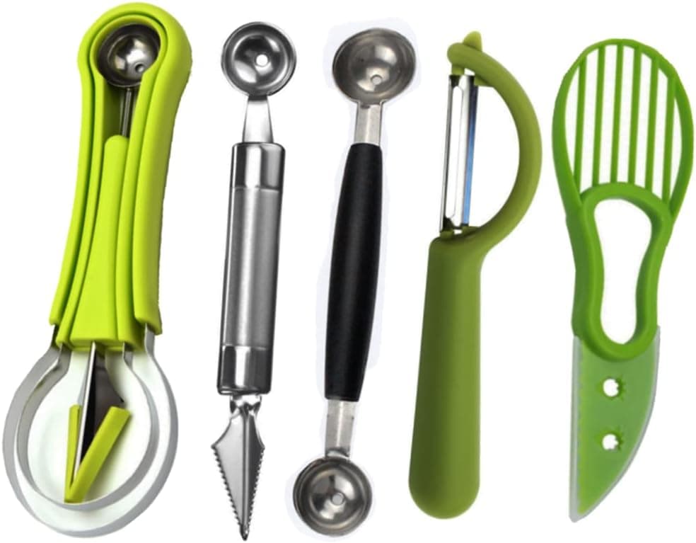 5Pcs Melon Baller Scoop Set, 4 in 1 Stainless Steel Fruit Scooper Seed Remover, Dual Function Stainless Steel Fruit Salad Scoop Spoon Watermelon Carving Knife