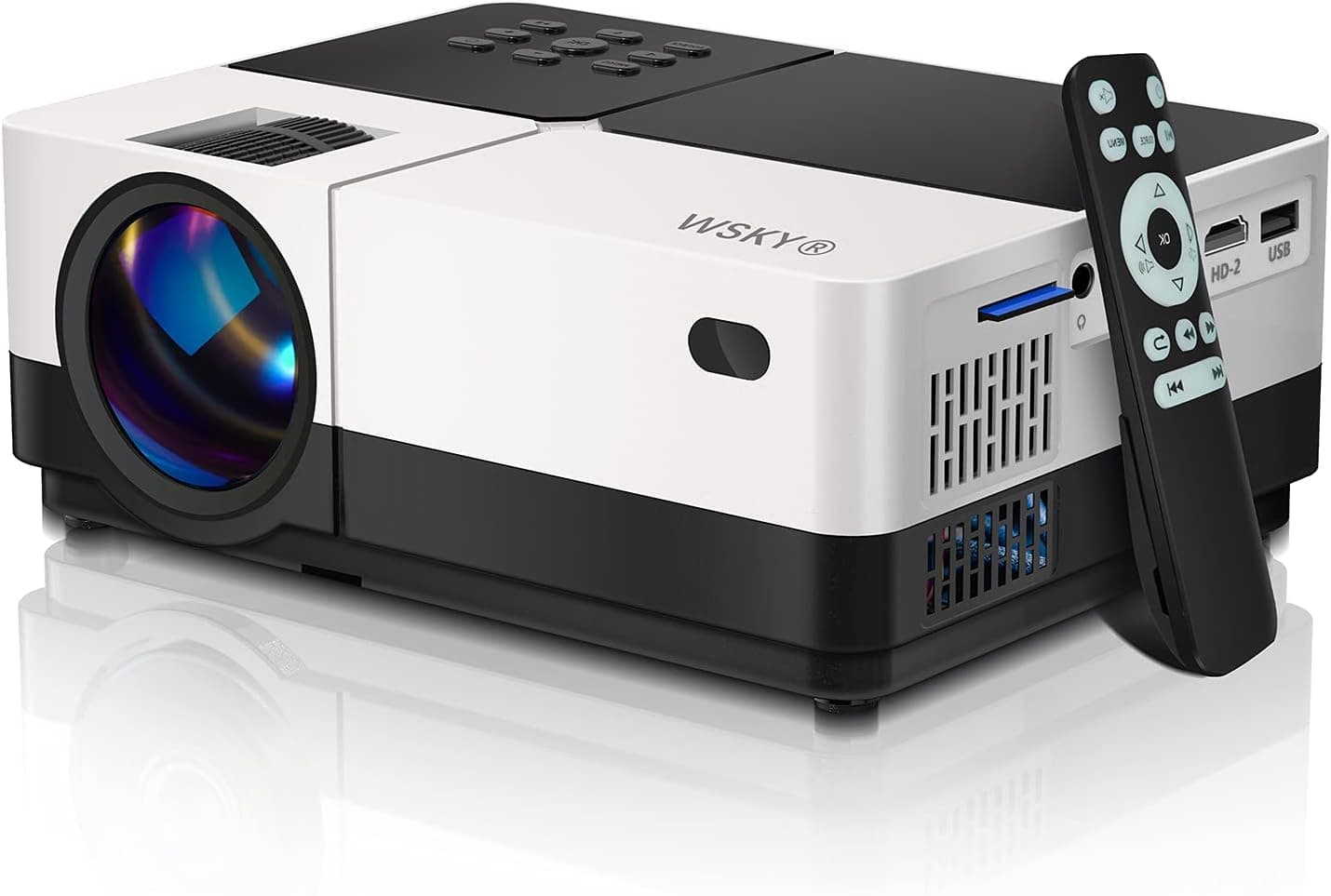 Wsky Video Portable Projector Outdoor Home Theater, LED LCD HD 1080p Supported with Dual Speakers, Compatible DVD, Phone, Laptop, HDMI, TV, PS4, PC (White)