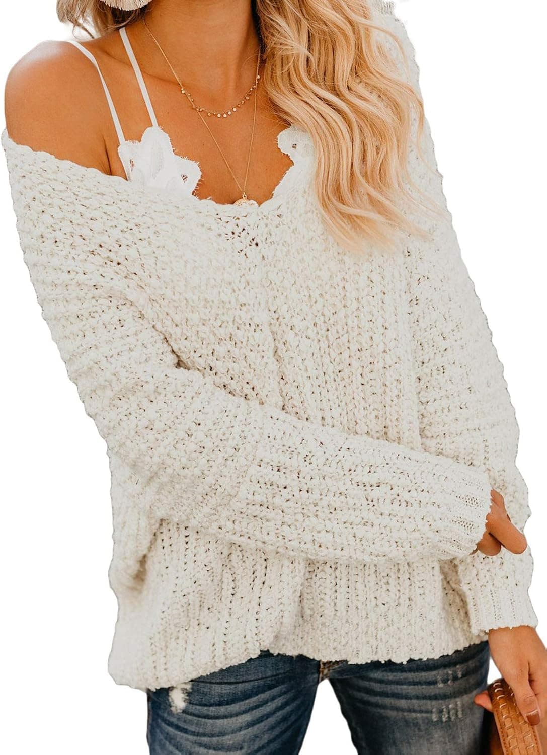 Dearlove Womens Off The Shoulder Oversized V Neck Loose Cable Knit Pullover Sweaters Tunic Tops Winter Jumper Apricot M