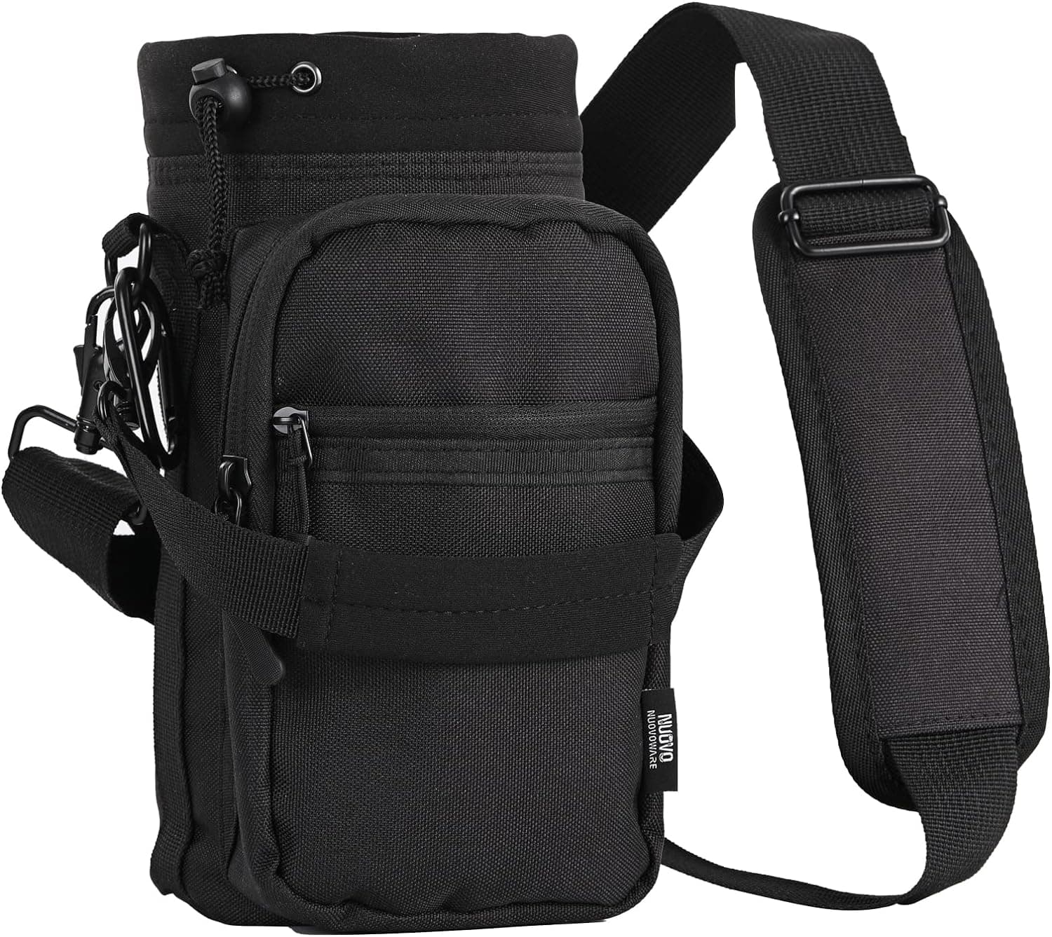 Nuovoware Water Bottle Carrier, 40oz Bottle Carrier Sports Insulated Water Bottle Holder with Adjustable Shoulder Strap, 2 Pockets Flask Sling Bag Drawstring Pouch for Climbing Hiking Walking, Black