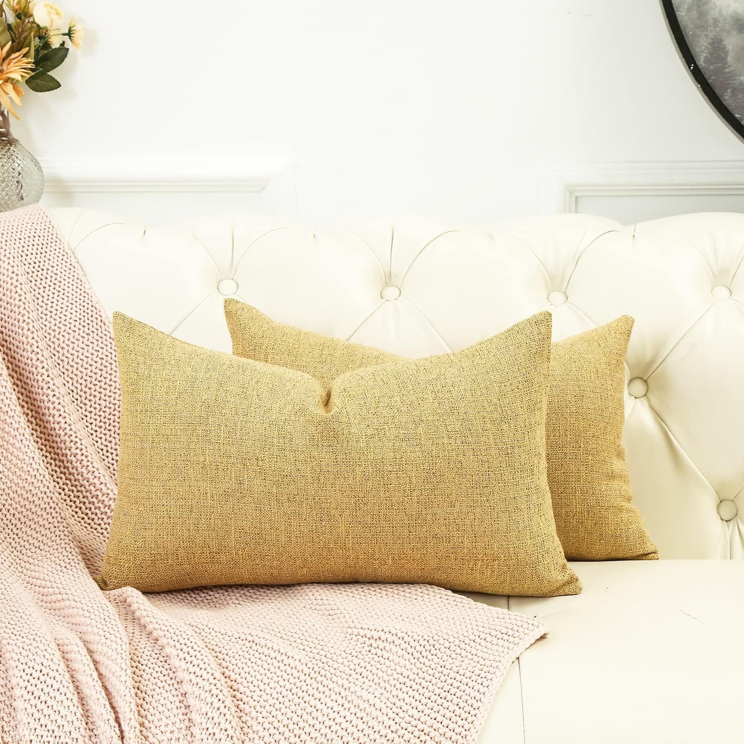 SHANLUO Throw Pillow Covers 12x20 - Decorative Pillows for Couch Set of 2 Rustic Burlap Linen Cushion Cover Large Accent Pillowcase for Bedding, Home Decor, Sofa, Bed Outdoor Farmhouse Fall Yellow