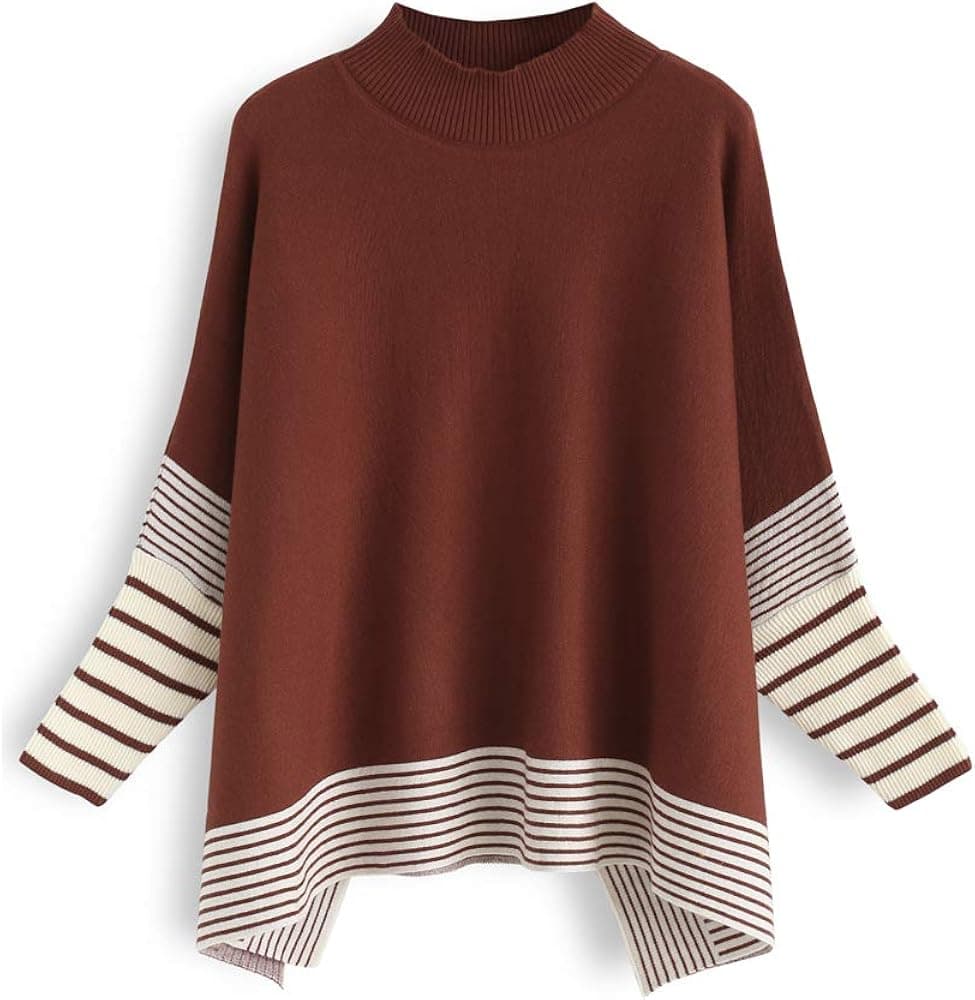 CHICWISH Women's Mustard/Black/Caramel/Olive/Grey Striped Oversize Soft Knit Cape Sweater Pullover