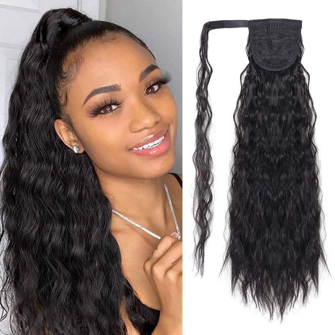 Eerya 22Inch Long Water Wave Ponytail Hair Extensions Kinky Curly Wrap Around Pony Tail Synthetic Hairpiece Hair Piece for Girl Lady Woman (2#)