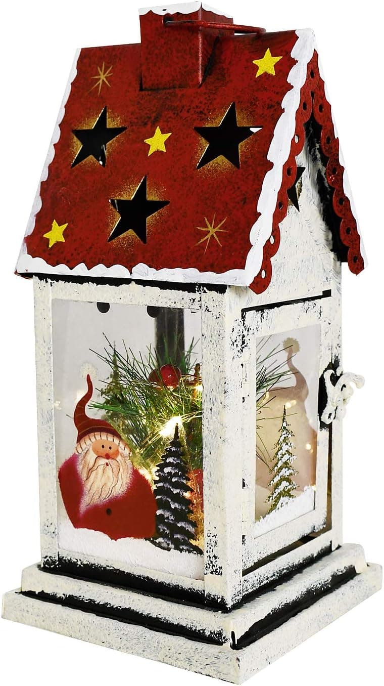 Decorative Christmas Lantern Hanging LED Lantern Decor, Rustic Metal Holiday Lantern Table Top Lantern Battery Operated Indoor Outdoor Hanging Lantern Table Centerpiece (10X4.6X4.6in, Red)
