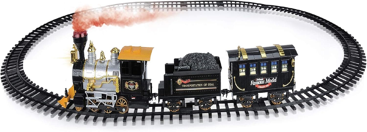 Mozlly Ultimate Steam Locomotive Railway Set with Coal Carrier - Classic Moving Train Set Diecast with Lights & Sounds, Durable Tracks, Vehicle Building Set Toy, Indoor Transport Assembly Kit For Kids