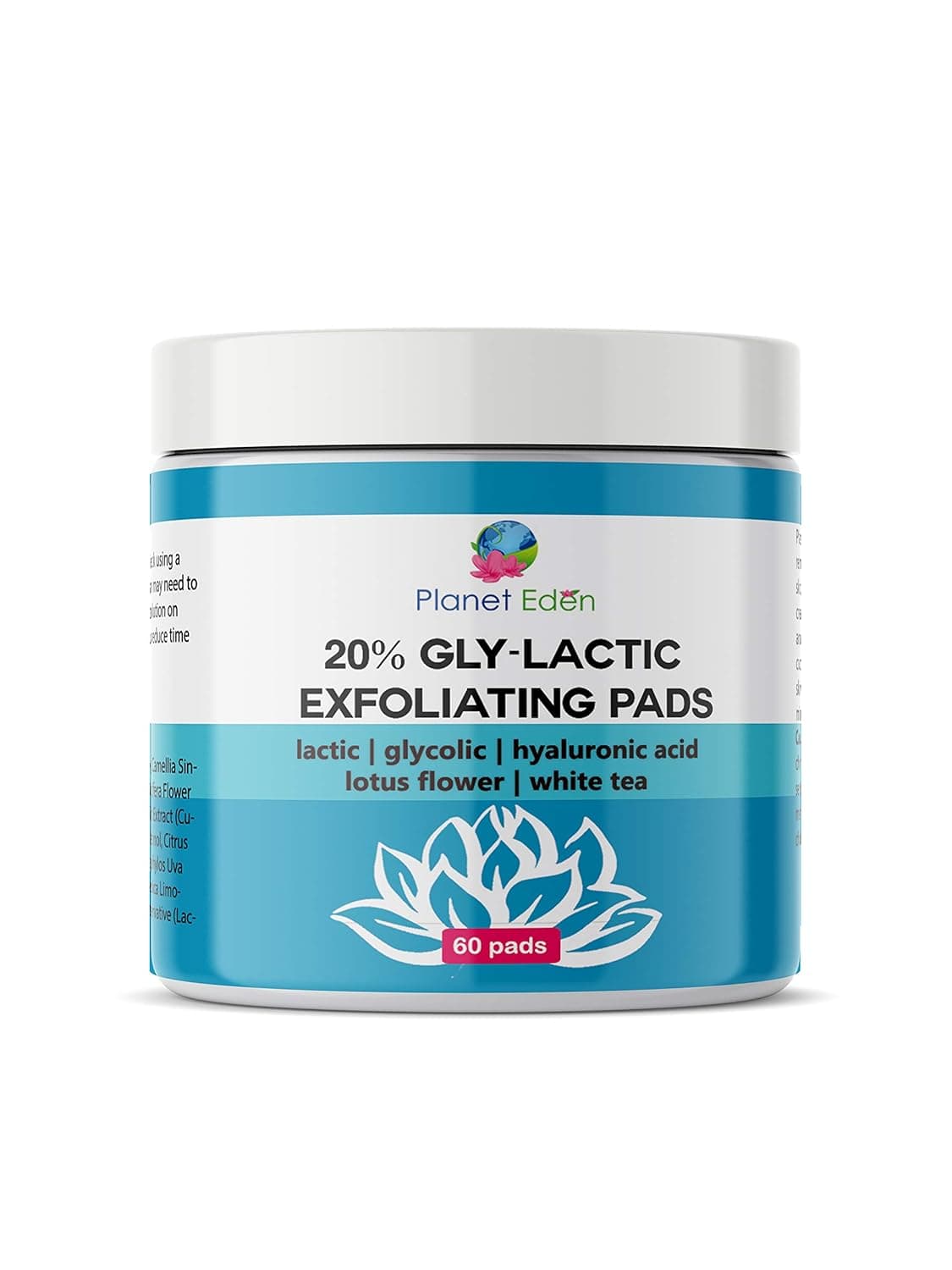 Planet Eden 20% Gly-Lactic Glycolic and Lactic Acid Skin Peel Exfoliating Pads - 60 Pads - DAILY USE - Hyaluronic Acid, Lotus Flower, White Tea