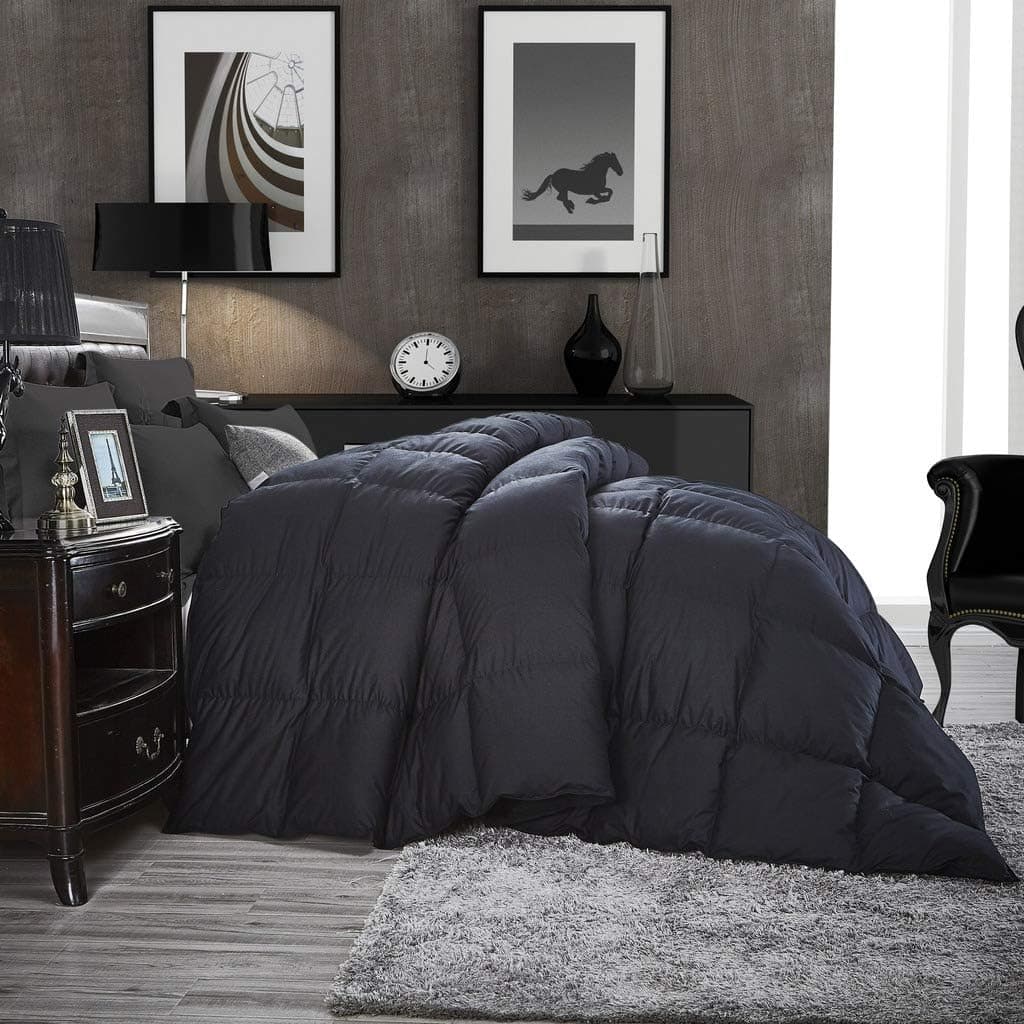 Luxurious All-Season Goose Down Comforter Full Size Duvet Insert, Classic Black, Premium Baffle Box, 1200 Thread Count 100% Egyptian Cotton Cover, 55 oz Fill Weight (Full, Black)