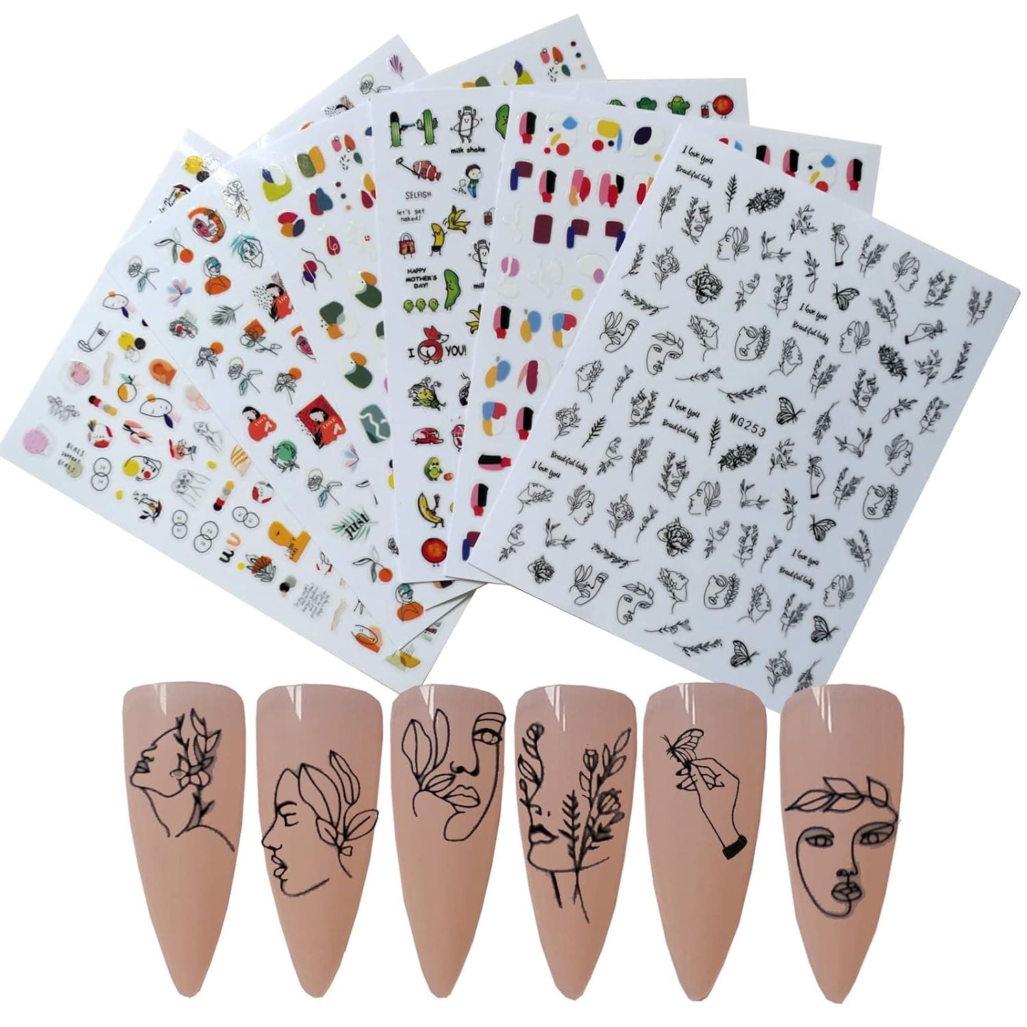 EternalClassic 6 Sheet Abstract Nail Art Sticker 3D Self-Adhesive Lady Face Rose Leaf Letter Nail Stickers Decals Fingernail Tattoos Manicure Tips Design Nail Decoration for Women Girls (Abstract)