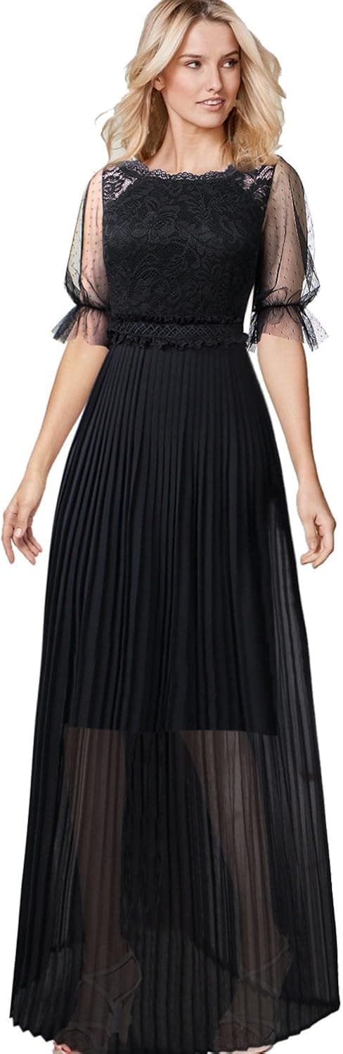 VFSHOW Women Pleated Lace Chiffon Formal Evening Casual Maxi A-Line Dress