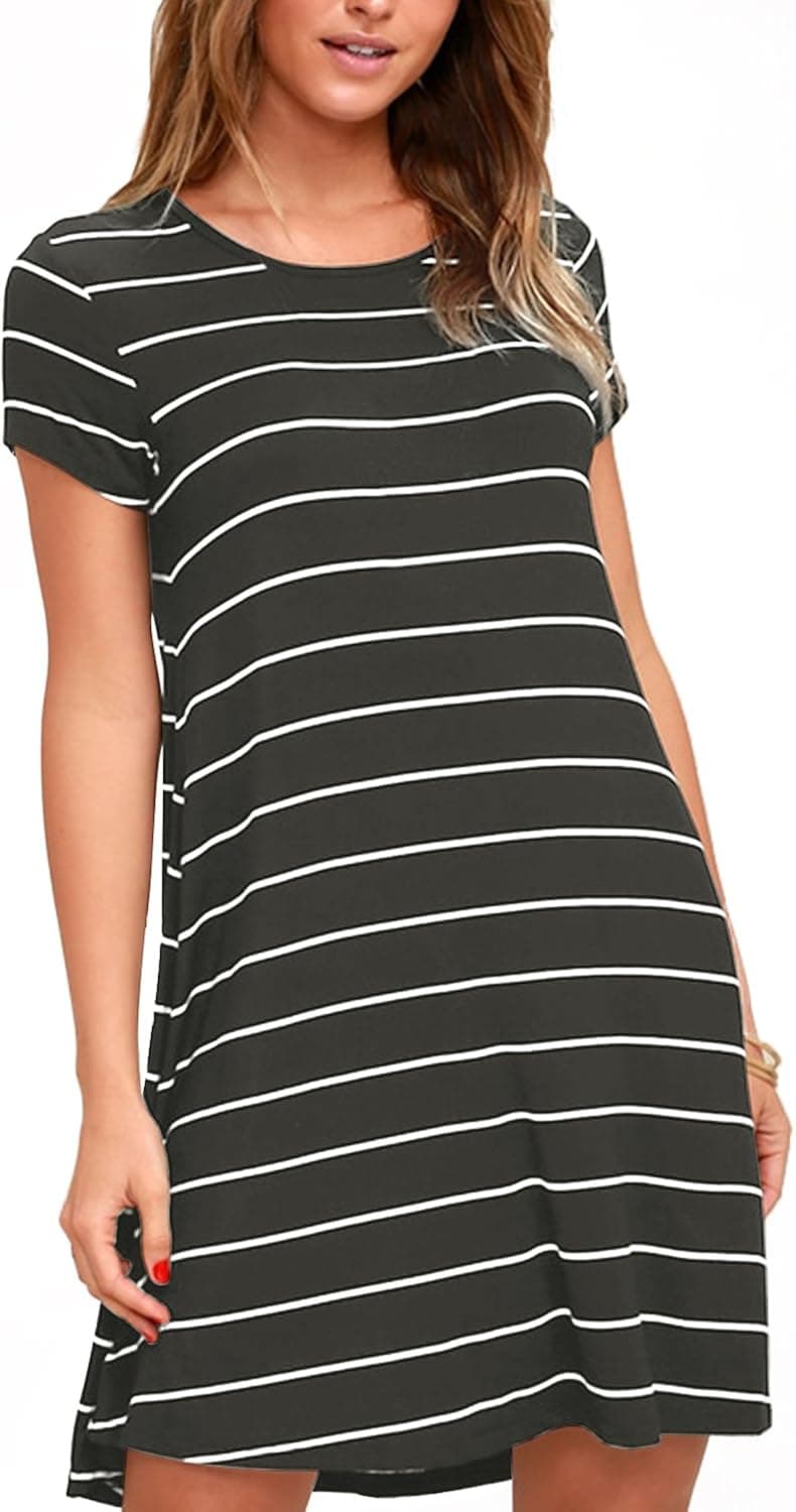 SUNNYME Women's T Shirt Dress Striped Short Sleeve Casual Loose Swing Summer Dresses Tunics A-Grey S