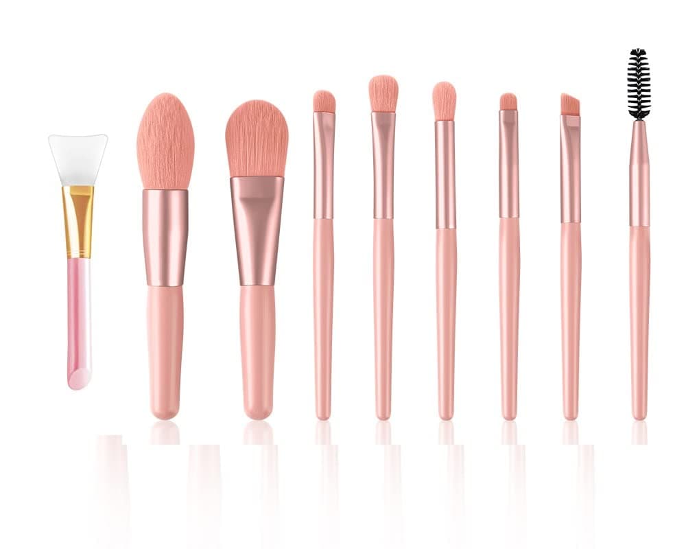 Set of 8 Pieces Small Makeup Brushes with 1 Silicone Face Mask Brush , Cosmetics Professional Face Powder Foundation Blush Eyeshadow Makeup Brush Tool Travel Size(Pink)
