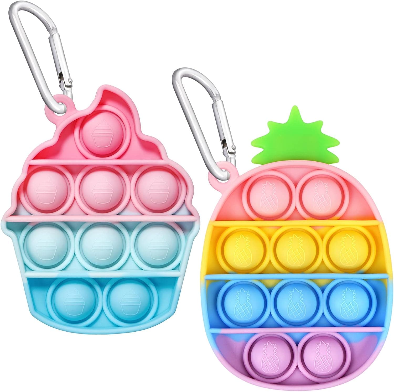 EVERMARKET Push Pop Bubbles Fidget Sensory Toy Keychains, 2 Pack Mini Ice Cream Pineapple Bubble Popper Stress Reliever Silicone Relax Toys Keychain, Rainbow Color Pop Bubble Fidget Block Toys, K-023