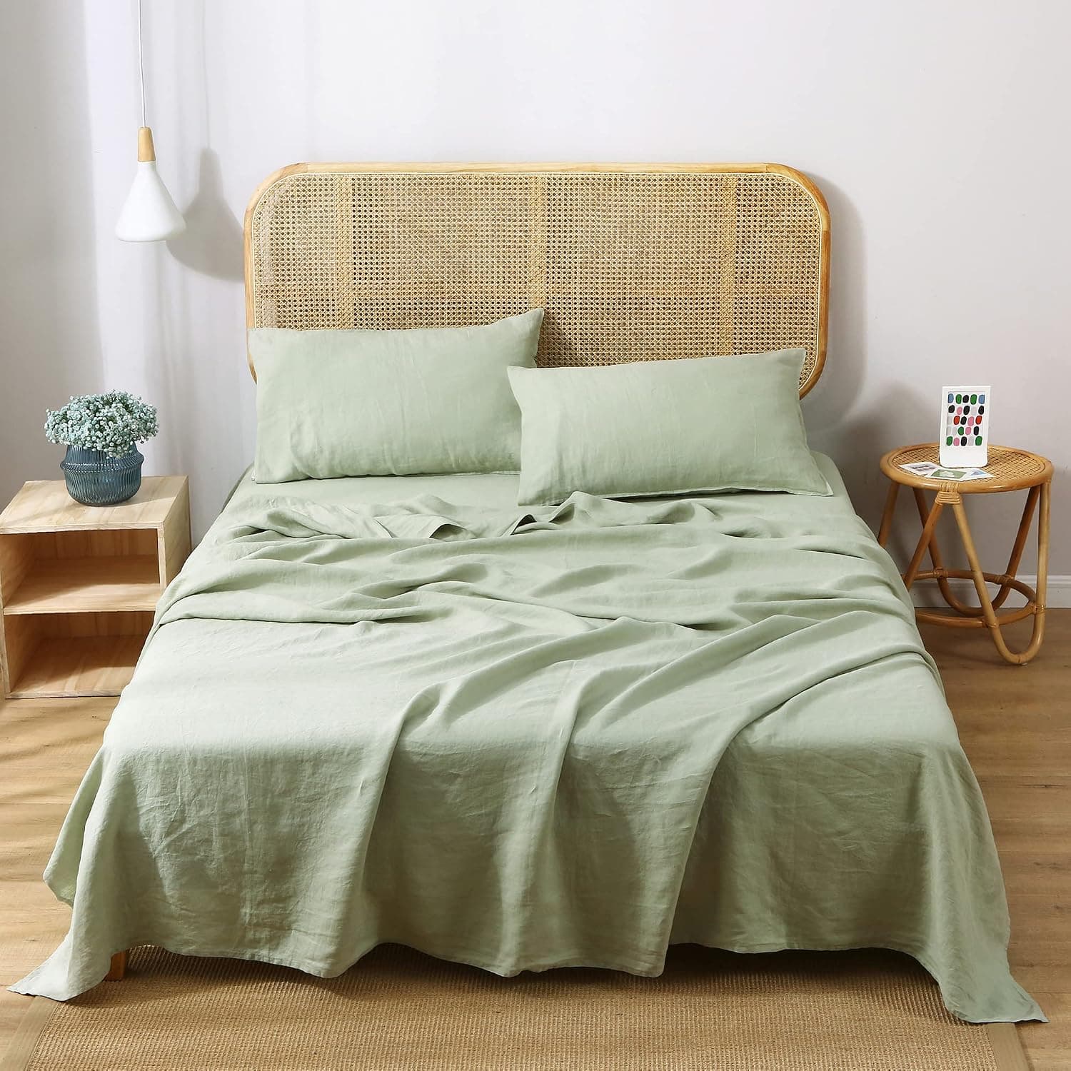 S VICTORY SYMBOL 100% French Natural Linen Bedding Ultra Soft Durable Luxurious Stone Washed 4 Pieces Sheets Set(Light Green,King)
