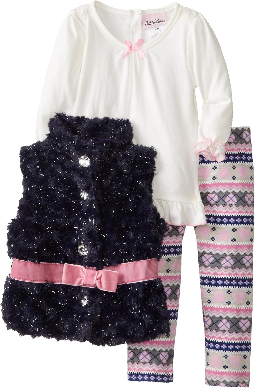 Little Lass Baby Girls' 3 Piece Fuzzy Vest Print Legging Set