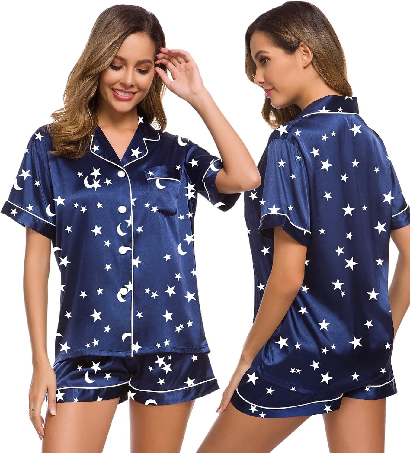 SWOMOG Womens Silk Satin Pajamas Set Button Down Sleepwear Loungewear