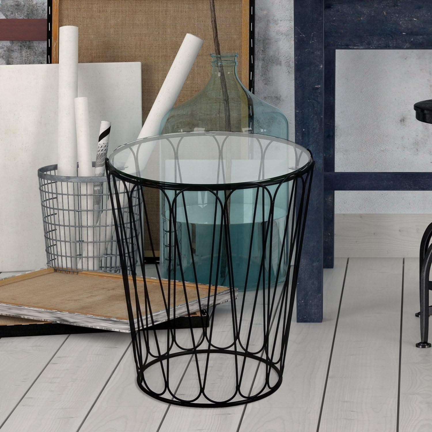 Decent Home Accent Metal Wire End Side Coffee Table, Black (Glass Top I)