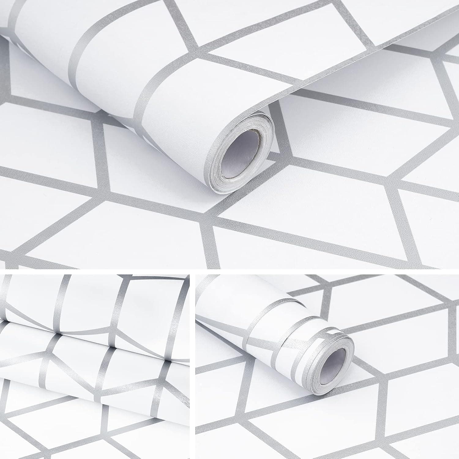 Mecpar Silver Geometric Wallpaper 17.71'' x 118'' Hexagon Geometric Peel and Stick Wallpaper Modern Geometric Contact Paper Trellis Wallpaper Vinyl Film Self Adhesive Shelf Drawer Liner Roll