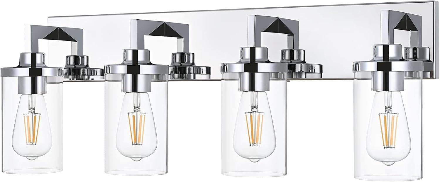 VINLUZ Modern 4 Light Bathroom Vanity Light Fixture,Chrome Finish Indoor Sconces Wall Lighting with Clear Glass Shade for Bedroom Hallway Corridor