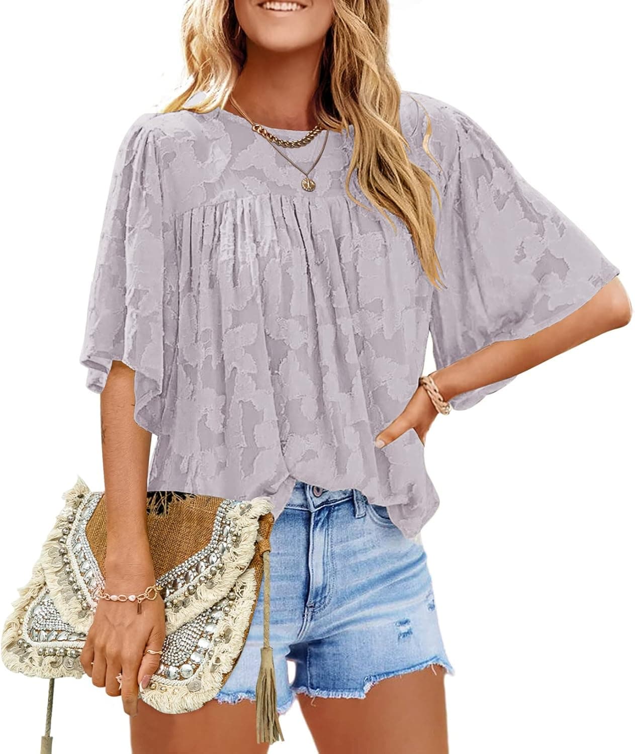 MEROKEETY Women's Summer Round Neck 3/4 Sleeve Babydoll Blouse Floral Textured Casual Shirts,Purple,XXL